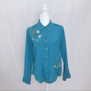 Chico's Teal Embroidered Button-Down Shirt